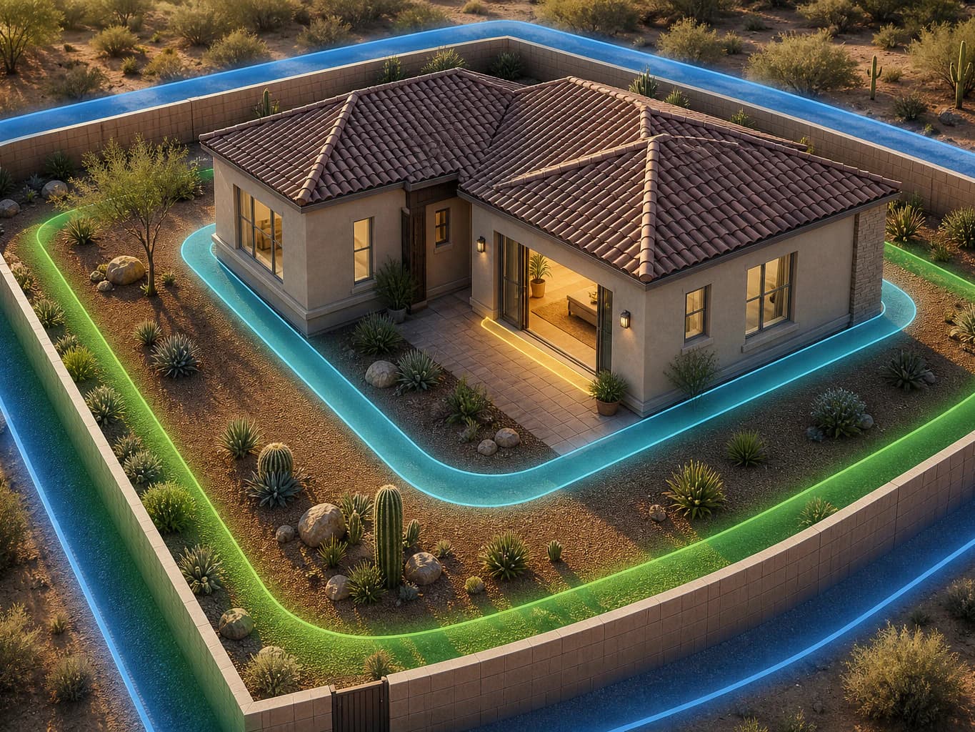 Conceptual aerial illustration of four pest-defense layers protecting a Phoenix home from the property edge to the interior