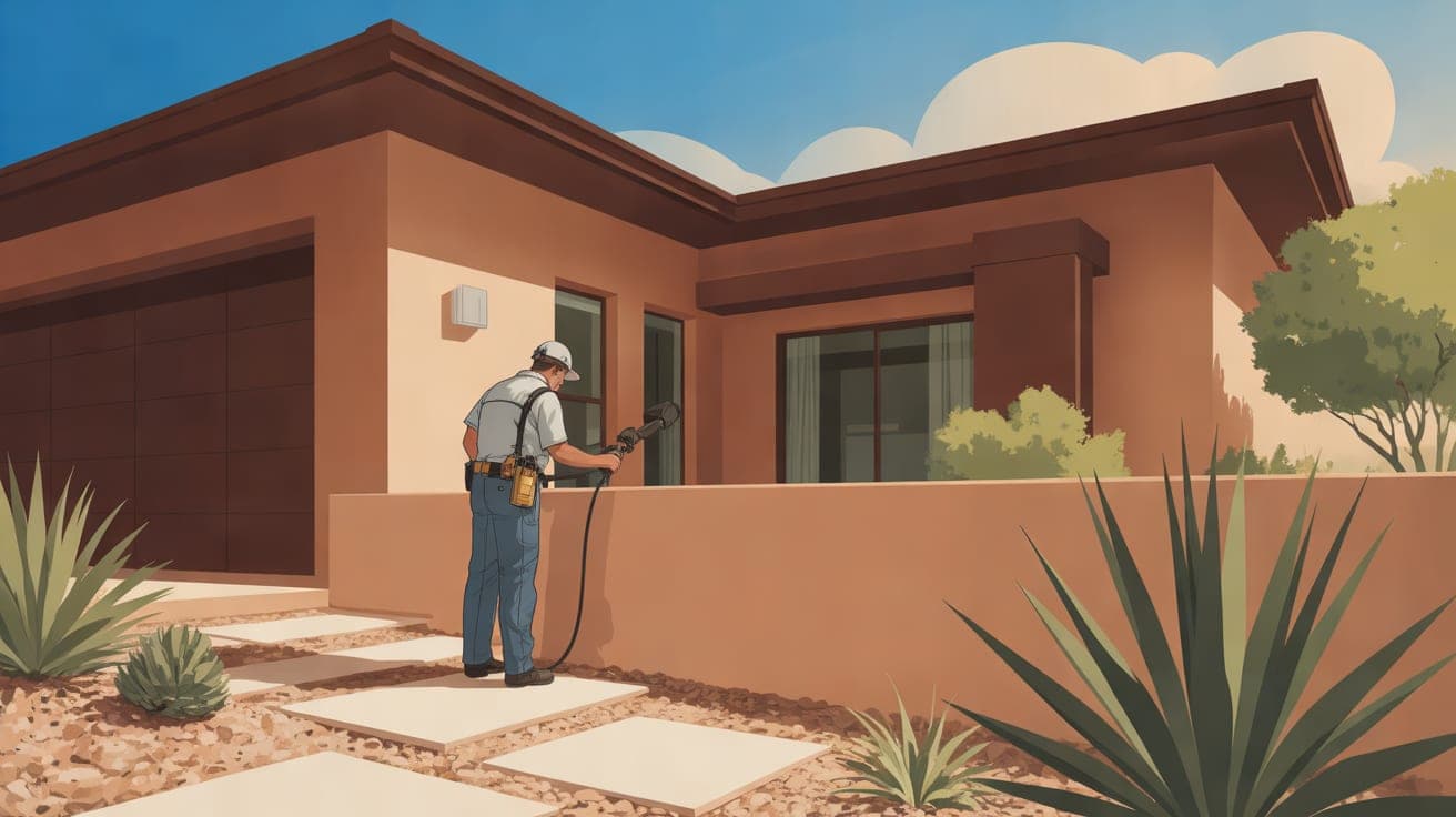 A low-angle, sunlit view of a modern stucco home in the Sonoran Desert, showing a professional technician in a clean uniform carefully inspecting the exterior concrete stem wall near desert landscapin