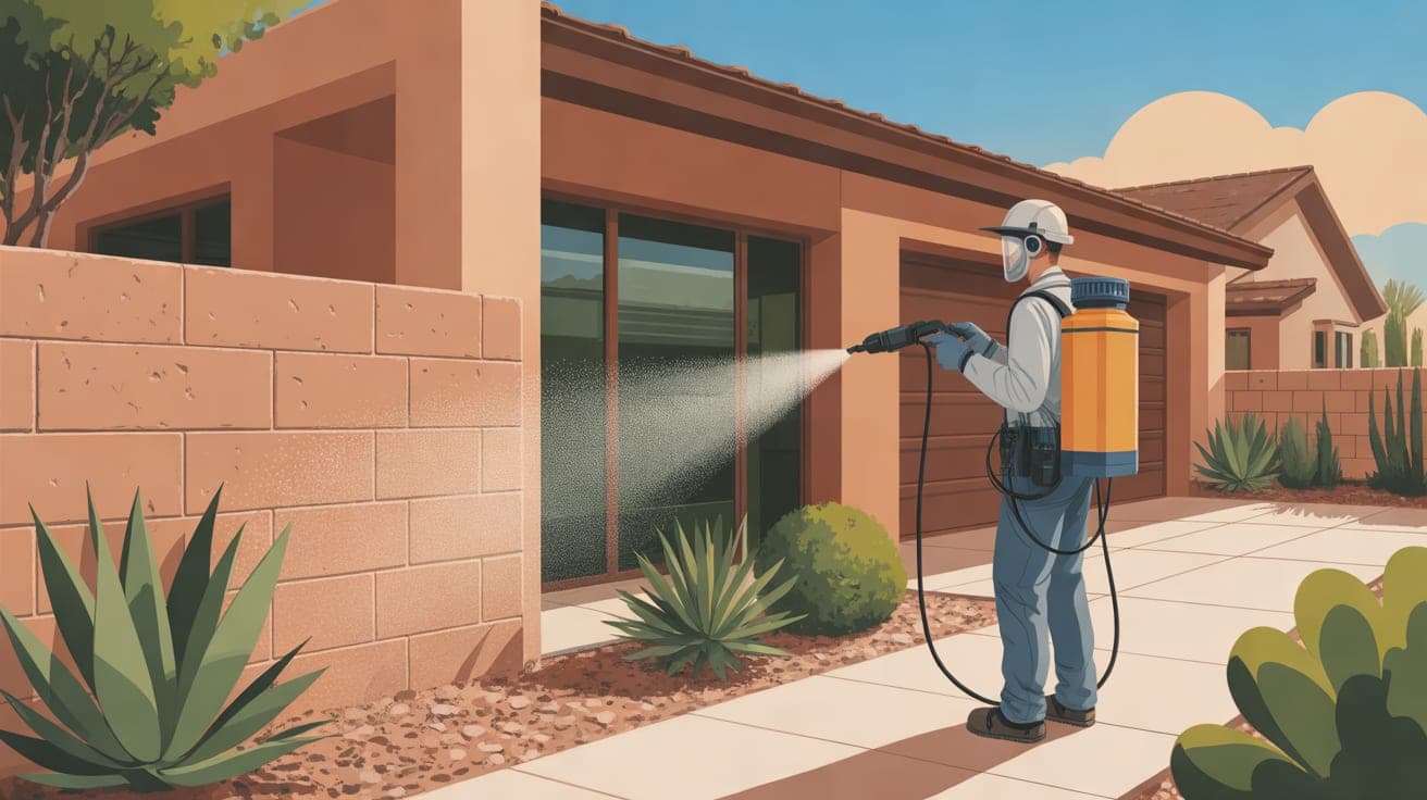 A professional pest control technician in protective gear applying a micro-encapsulated barrier spray along the sunlit block wall and desert landscaping of a modern Phoenix stucco home. The scene feat