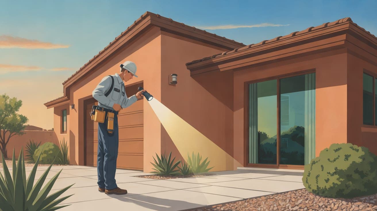 A professional pest control technician in a clean uniform inspecting the exterior stucco weep screed of a modern Phoenix home