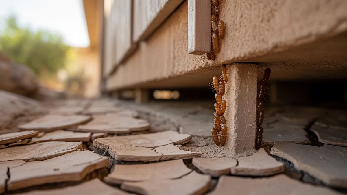 Inspecting the stem wall and soil contact points of an Arizona home for termite mud tubes