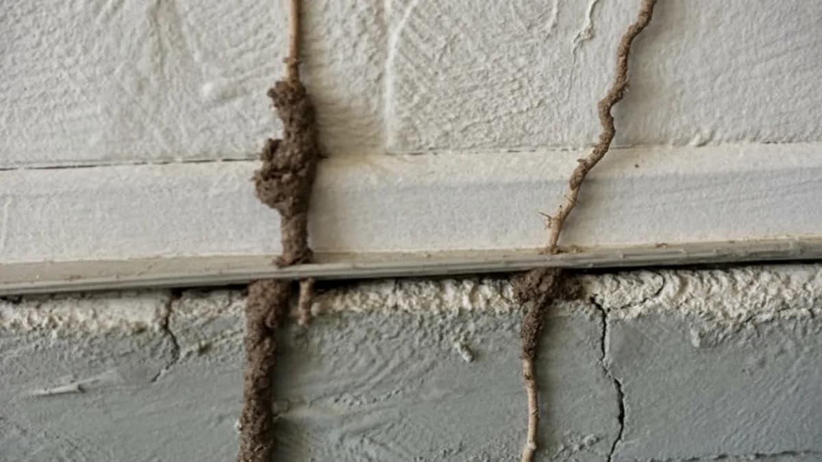 Two pencil-width subterranean termite mud tubes running down a textured stucco wall, across the trim and onto the concrete stem wall of an Arizona home