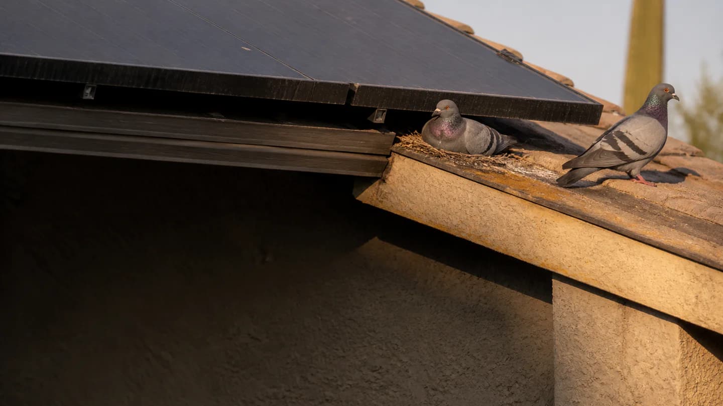 Pigeons nesting beneath rooftop solar panels on an Arizona home