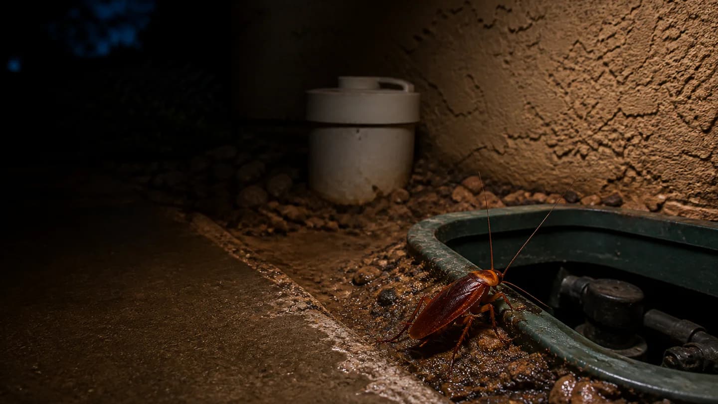 American cockroach beside a damp exterior irrigation valve box at night