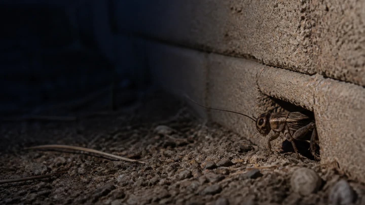 Field cricket emerging from a concrete block-wall opening at night