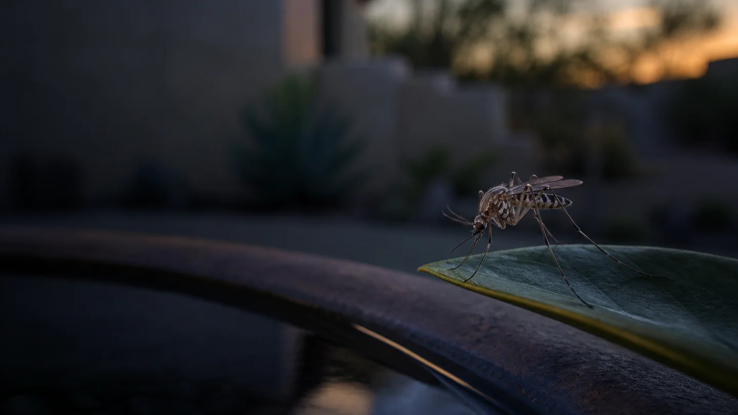 Mosquito resting on a leaf beside backyard water at dusk