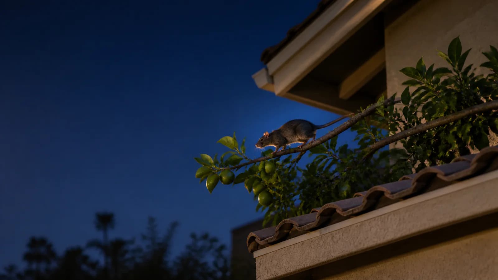 Roof rat approaching the roofline of a Phoenix stucco home from a citrus branch