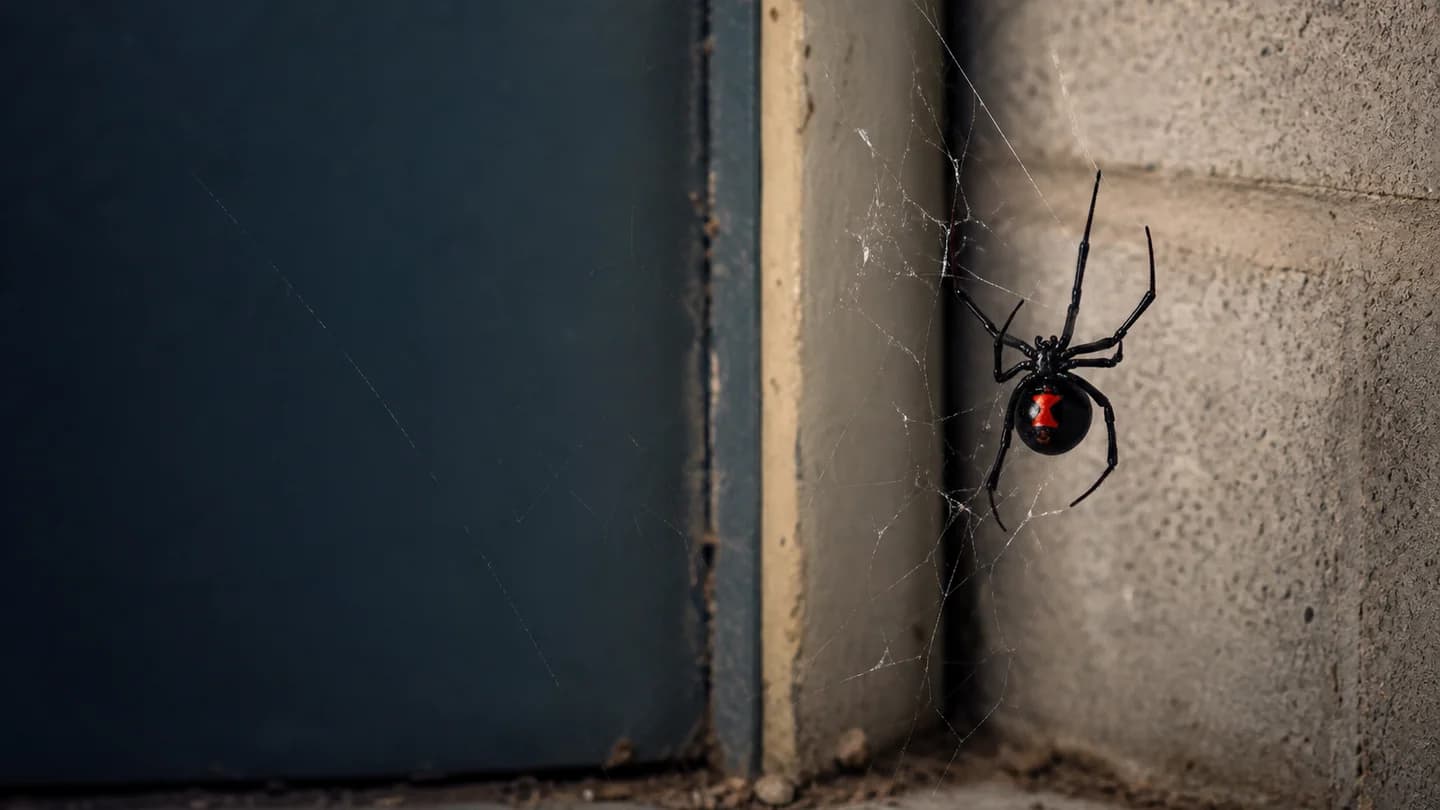 Black widow spider in a web beside a Phoenix-area concrete block wall