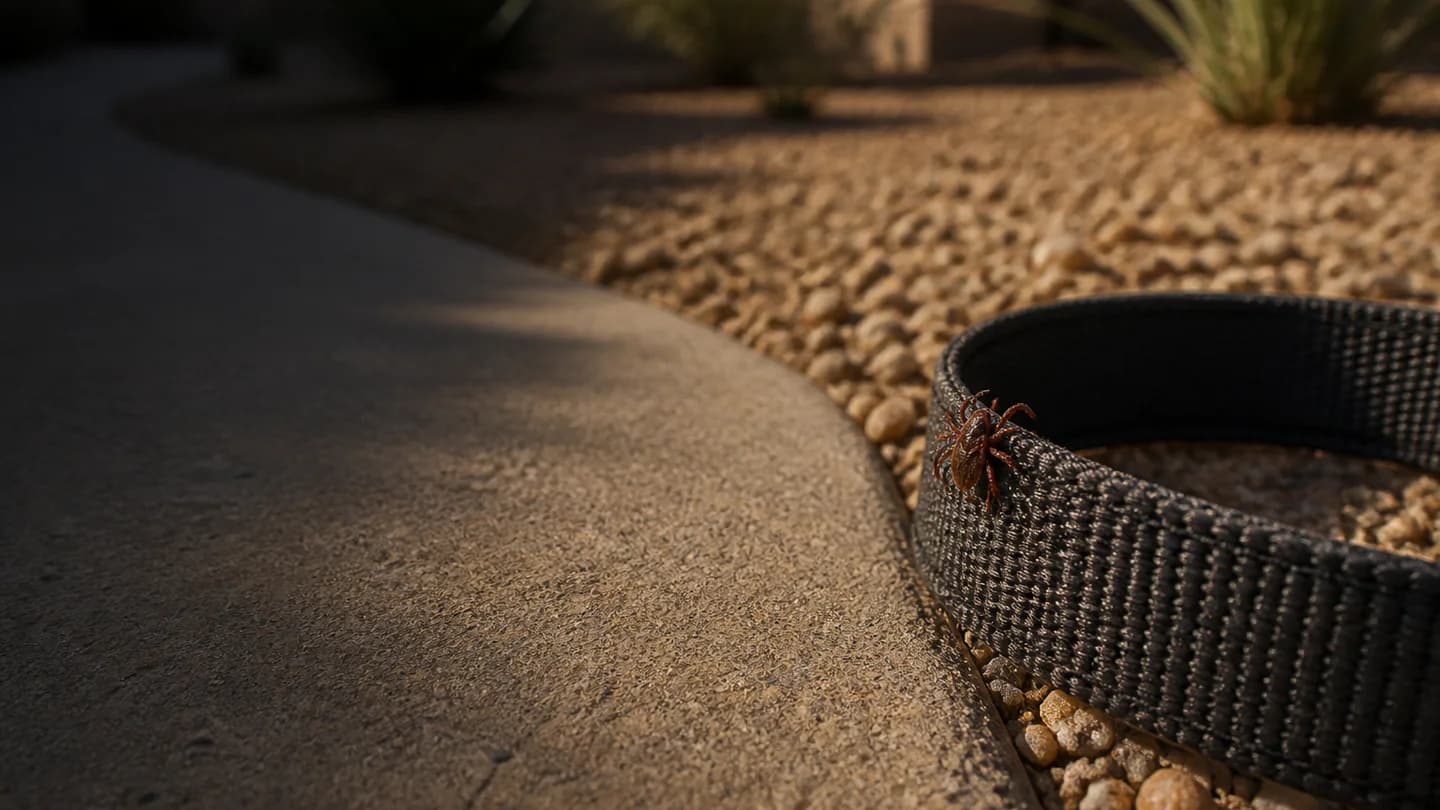 Brown dog tick on a plain collar beside an Arizona gravel patio